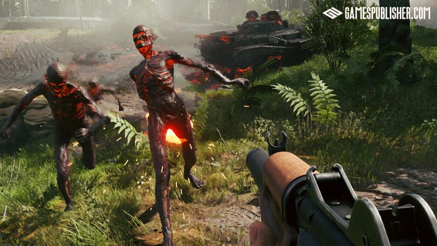 First-person perspective screenshot from Active Matter depicting charred, glowing skeletal zombies rushing toward the player's rifle in a grassy area near a damaged military tank.