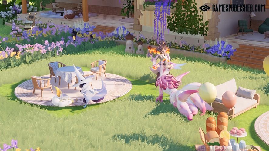 Gameplay screenshot of Aniimo, a colorful, cozy life-sim game showing a sunny garden yard with a small table and chairs, picnic food, and mythical fantasy creatures standing near flowers and a house.