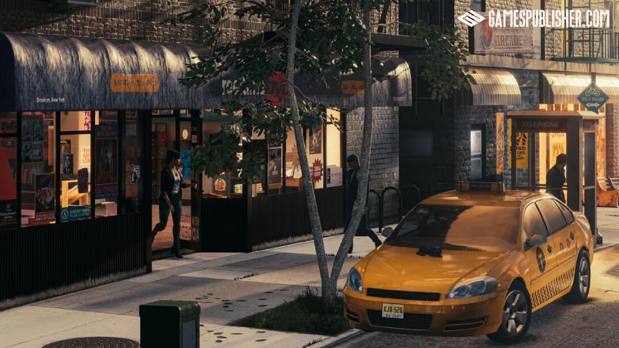 3D simulation screenshot from BLACKWOOD set on a city street in Brooklyn, featuring store awnings, storefronts, pedestrians, and a yellow taxi parked along the curb near a telephone booth