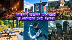 A grid thumbnail collage featuring six different role-playing video game scenes overlaid with bold text that reads "BEST RPGS WORTH PLAYING IN 2026"