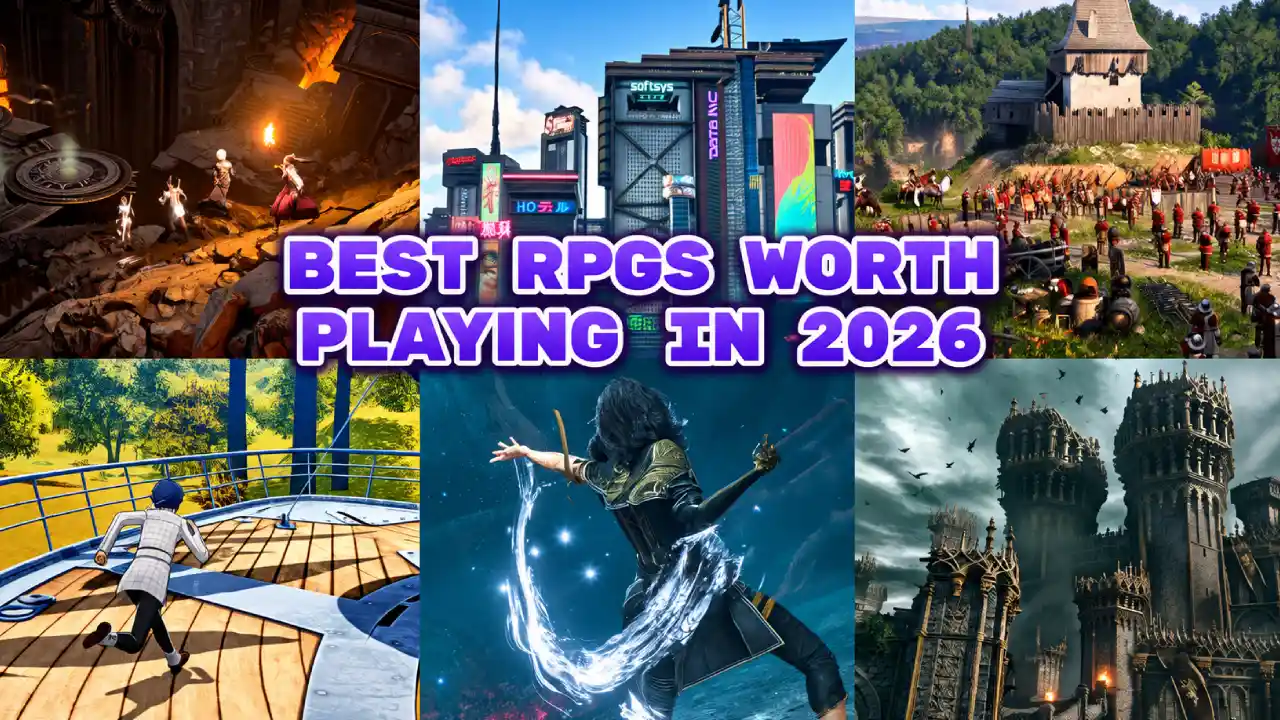 A grid thumbnail collage featuring six different role-playing video game scenes overlaid with bold text that reads "BEST RPGS WORTH PLAYING IN 2026"