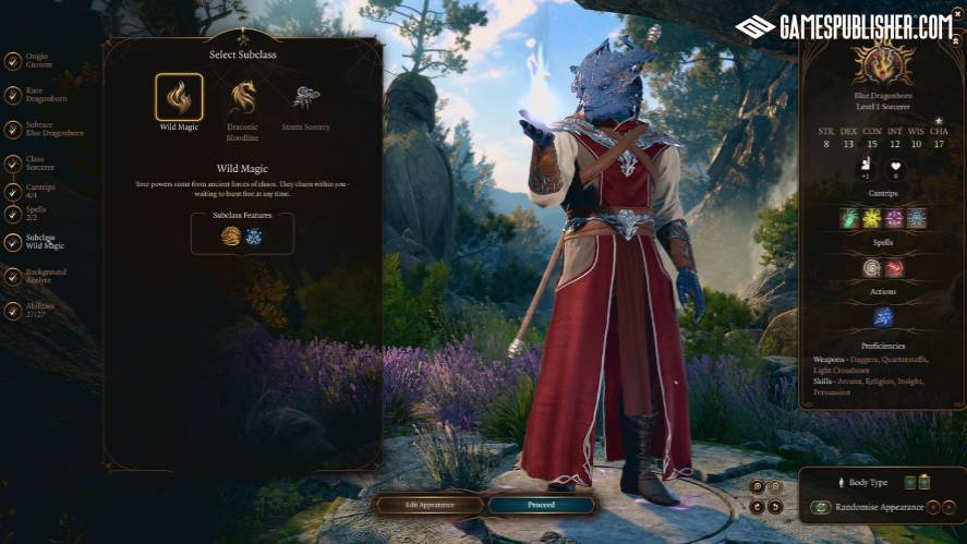 Screenshot of the character creation screen in Baldur's Gate 3, featuring a blue Dragonborn Sorcerer selecting the Wild Magic subclass while holding glowing magic in their hand.