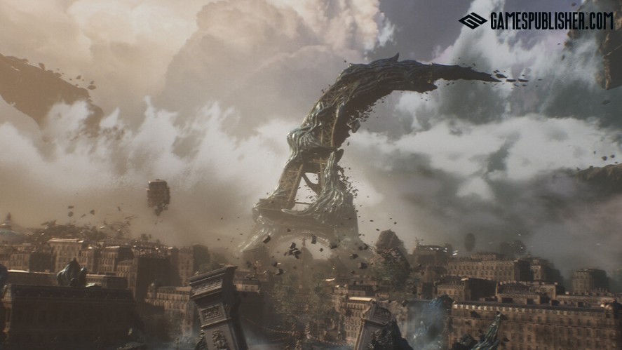 Concept artwork from Clair Obscur: Expedition 33 featuring a surreal, decaying Eiffel Tower bending overhead amidst a atmospheric, post-apocalyptic city landscape.
