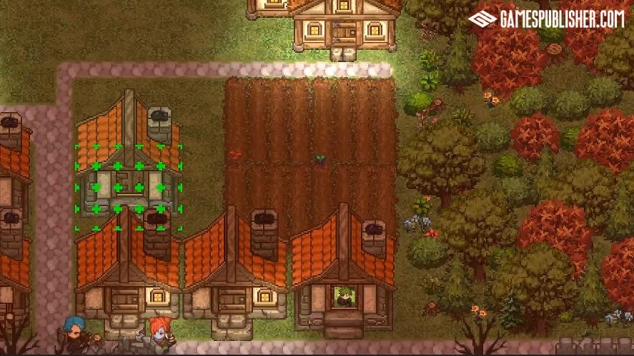 Top-down pixel art screenshot from Creator Chronicles featuring a village layout with several small houses, a large plowed farm plot, and a lush forest with autumn foliage.