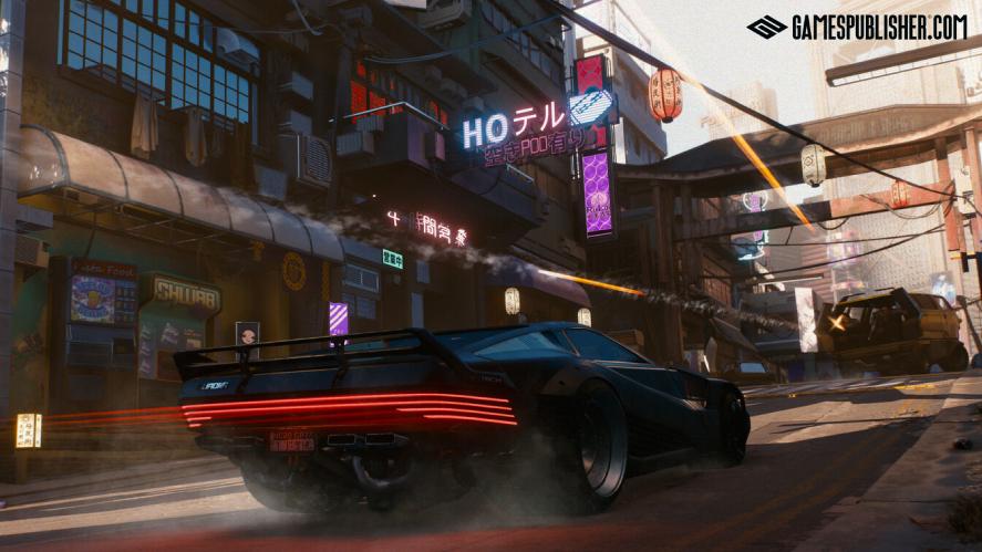 A black futuristic sports car drifting through a cyberpunk city street illuminated by neon signs and lanterns in Cyberpunk 2077.