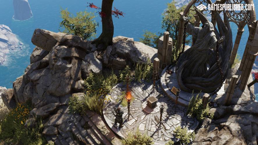 An isometric perspective of a character standing on a stone circular platform next to a large, chained statue of a hooded, winged figure overlooking a rocky cliffside and ocean.