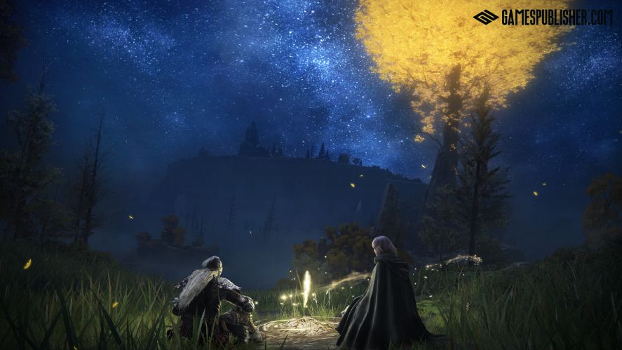 The Tarnished and Melina resting by a Site of Grace in Elden Ring under a starry night sky and the glowing Erdtree.