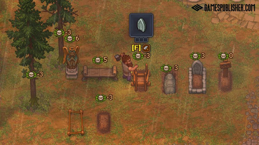 Top-down pixel art screenshot from Graveyard Keeper 2 showing a character building structures in a cemetery surrounded by graves, stone monuments, and numerical rating indicators.