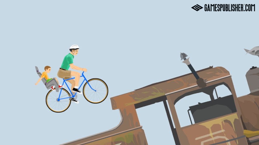 2D physics-based screenshot from Happy Wheels featuring a cartoon man riding a bicycle with a young child in a child seat, launching mid-air over a rusty metal structure.