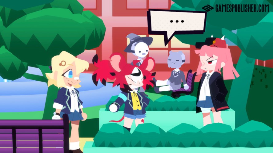 Stylized 2D visual novel screenshot from HoloTrials Case Covered featuring anime-style characters in school uniforms standing outdoors in a garden area, with one character sitting on a bench beneath a speech bubble containing ellipses.