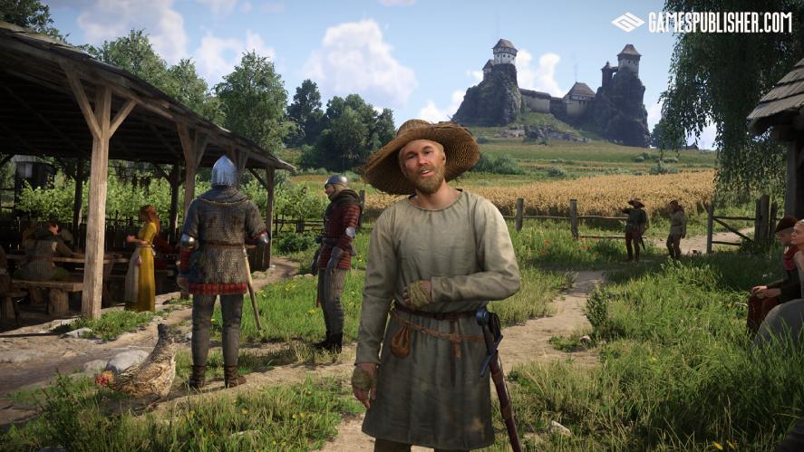 Kingdom Come Deliverance II.jpg
A peasant man wearing a straw hat and simple tunic standing on a dirt road in a medieval village in Kingdom Come: Deliverance II, with armored guards and a stone castle atop a hill in the background.