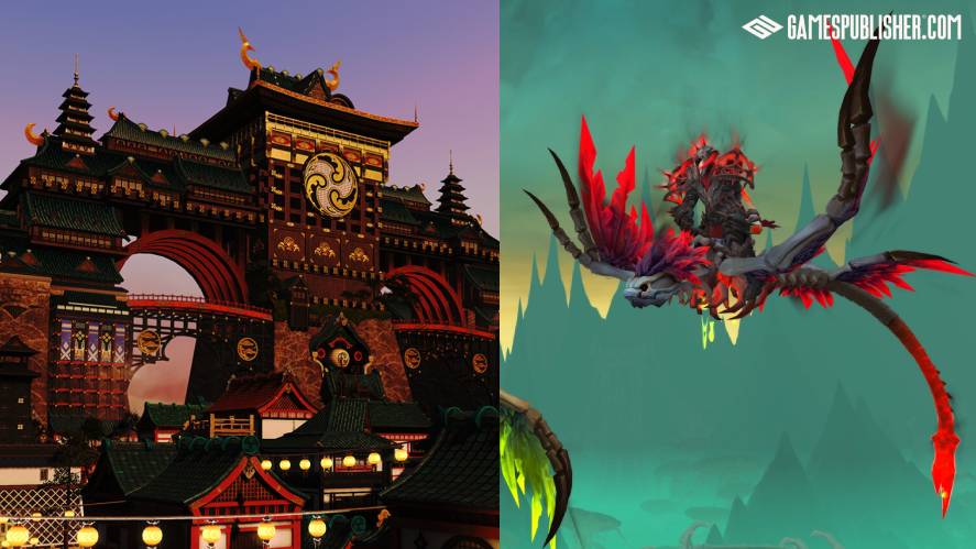 A side-by-side comparison image showing a ornate, East Asian-inspired temple building illuminated at dusk on the left (Final Fantasy XIV) and a player character riding a dark, red-winged flying creature in World of Warcraft on the right.