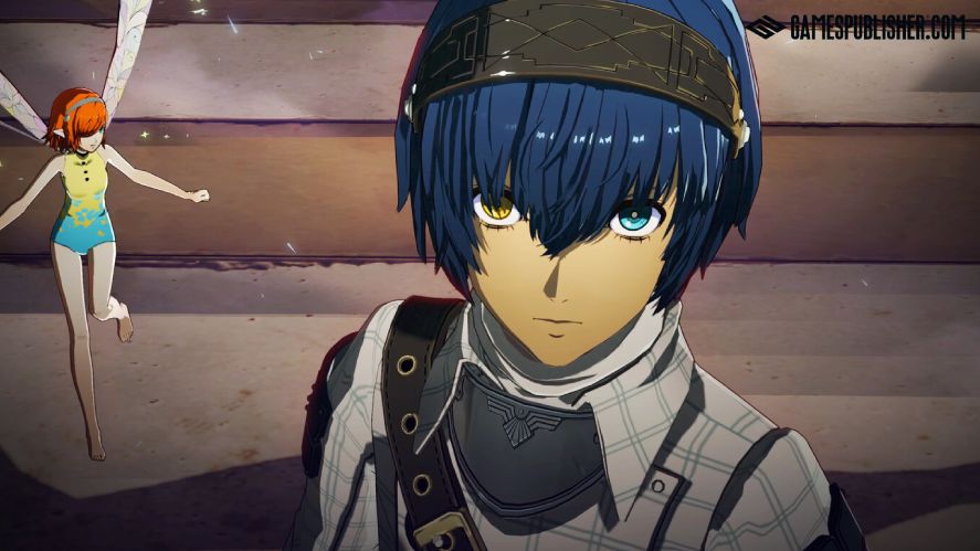 A stylized anime character with blue hair and heterochromia—one yellow eye and one blue eye—standing in the foreground, with a small, orange-haired fairy companion flying behind them.