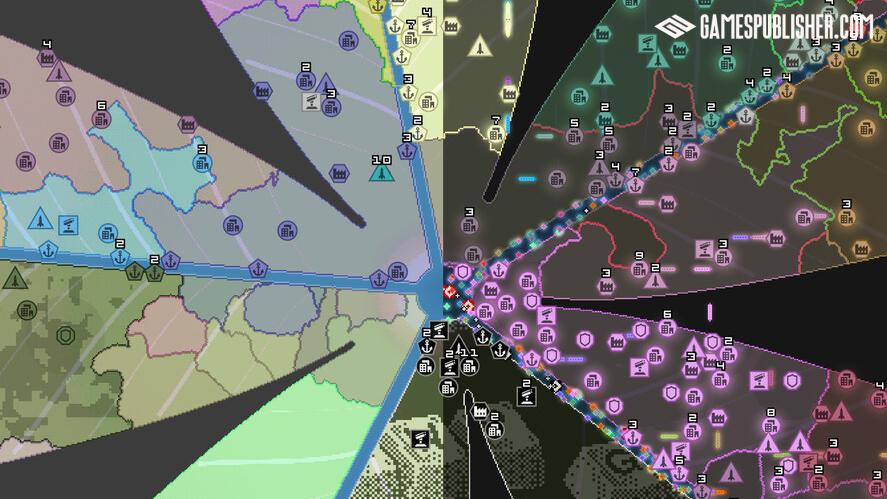 Abstract top-down strategy game screen from OpenFront displaying a complex sector map split into colorful, geometric regions marked with various facility icons and resource numbers.