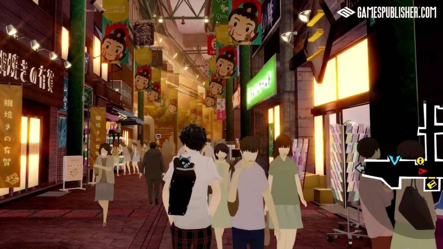 A bustling, brightly lit Japanese covered shopping arcade filled with pedestrians and glowing shop signs, focusing on a dark-haired protagonist carrying a black cat in his school bag.