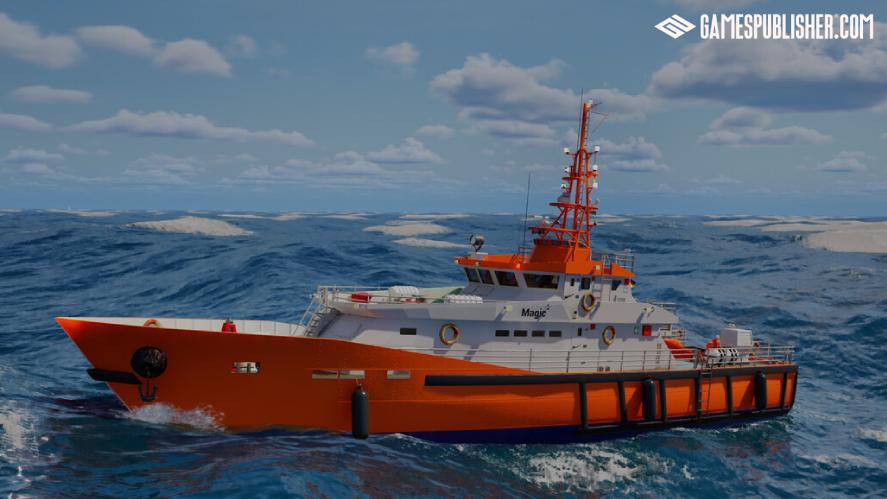 3D simulation screenshot from Professional Ship Simulator showing a bright orange-and-white service ship traveling through open blue ocean waves under a partly cloudy sky.