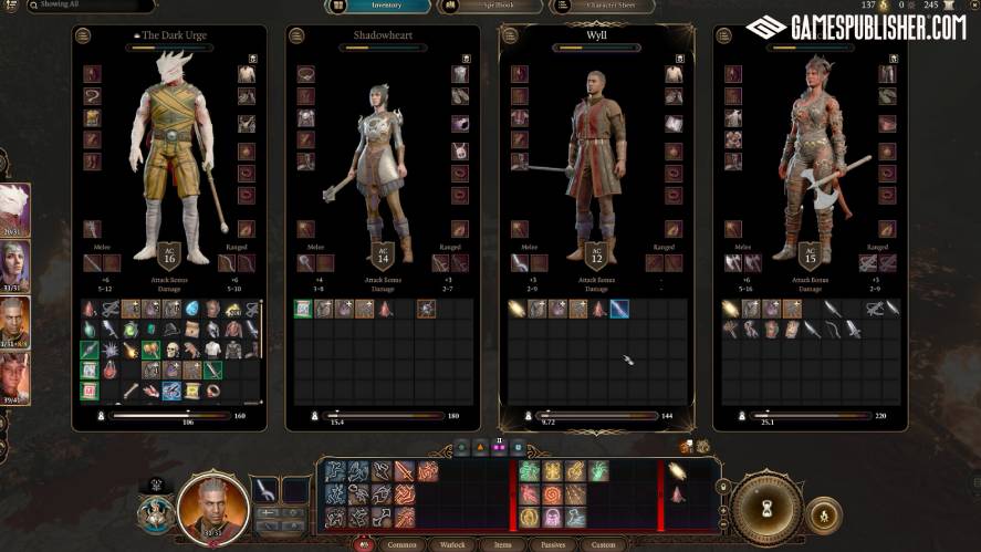 Screenshot of the full-party inventory user interface in Baldur's Gate 3, displaying equipment, stats, and item grids side-by-side for The Dark Urge, Shadowheart, Wyll, and Karlach.