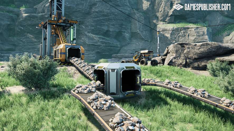 Third-person gameplay screenshot from Satisfactory showing industrial mining machinery extracting rock and moving it along elevated conveyor belts past a splitter hub and an off-road utility vehicle in a grassy valley against a rocky cliffside.   