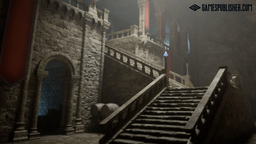 Atmospheric 3D gameplay screenshot from Sunken Realms displaying a moody, cavernous stone castle interior with grand staircases, stone archways, and large red banners hanging from the walls.
