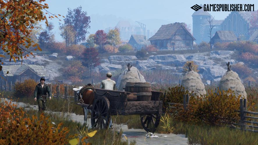 Atmospheric medieval life simulation scene from The Guild 1 Remake Europa 1410 showing a peasant driving a wooden horse-drawn cart along a rural dirt path past stone cottages, haystacks, and autumn trees.