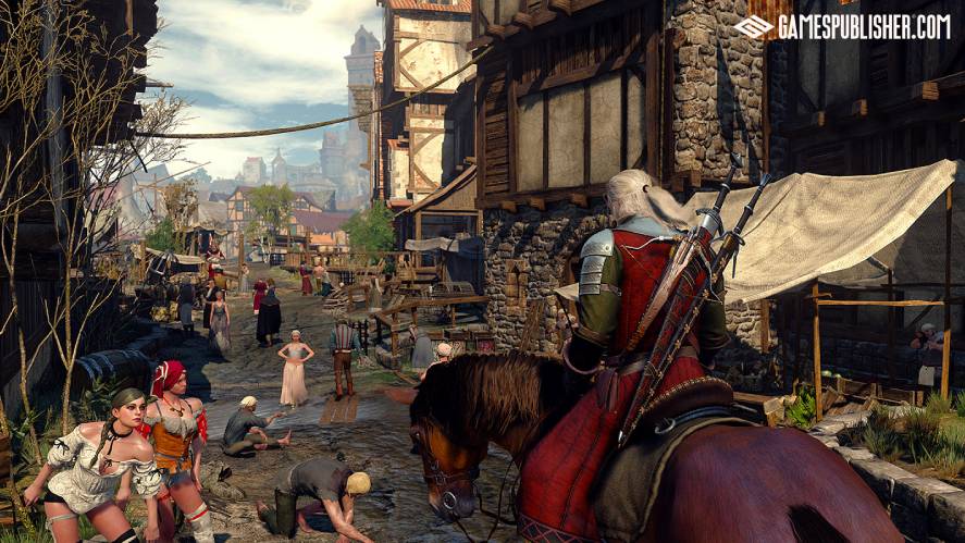 Geralt of Rivia with twin swords on his back, riding a brown horse through a busy, muddy medieval city street lined with timber-framed buildings and assorted townspeople.