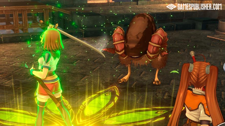 Gameplay screenshot of the anime-style action RPG Trails in the Sky 2nd Chapter, showing two characters facing off in combat against a strange, winged brown creature on a stone floor surrounded by glowing green magic effects.
