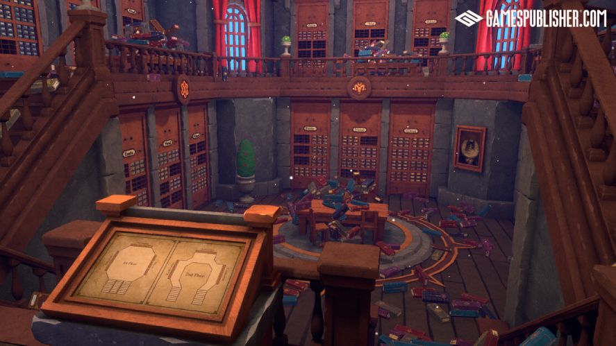 First-person simulation screenshot from Wand & Order Tidy up the magic shop! showing a cluttered, multi-level wooden library filled with scattered books, surrounded by staircases and a floor plan display in the foreground.