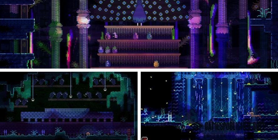 Animal Well gameplay collage showing neon pixel-art environments, platforms, creatures, and hidden areas