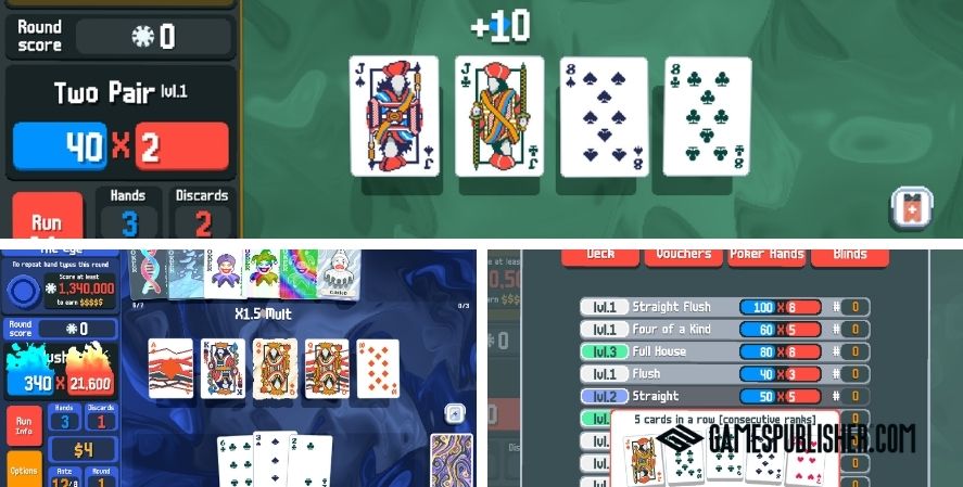 Balatro gameplay collage showing poker hands, scoring multipliers, card combinations, and roguelike progression unique games
