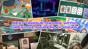Featured collage of unique games with creative gameplay ideas, including puzzle, card, adventure, comedy, and exploration scenes
