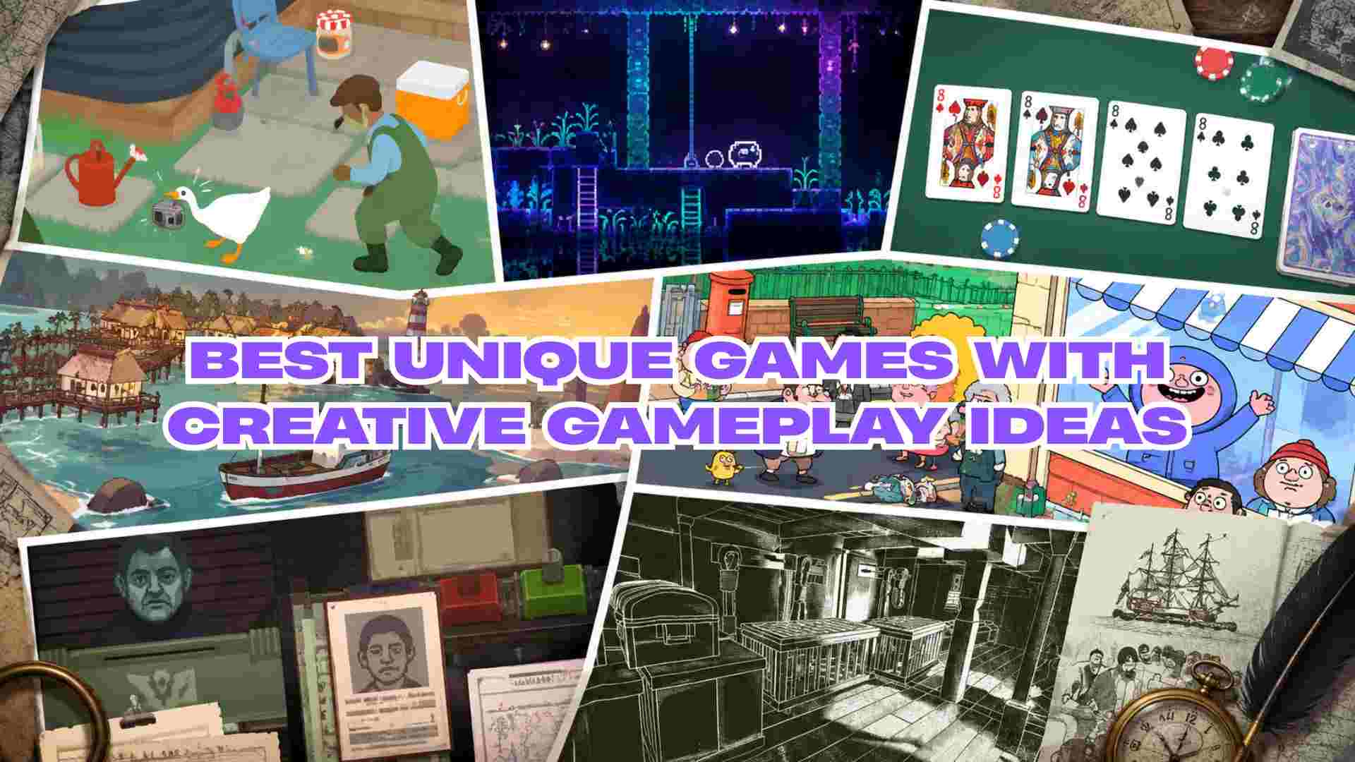 Featured collage of unique games with creative gameplay ideas, including puzzle, card, adventure, comedy, and exploration scenes