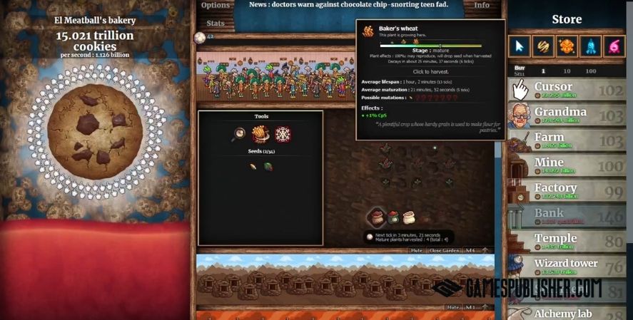 Cookie Clicker gameplay screenshot showing the main cookie, store upgrades, farming system, tools, seeds, and resource progression.