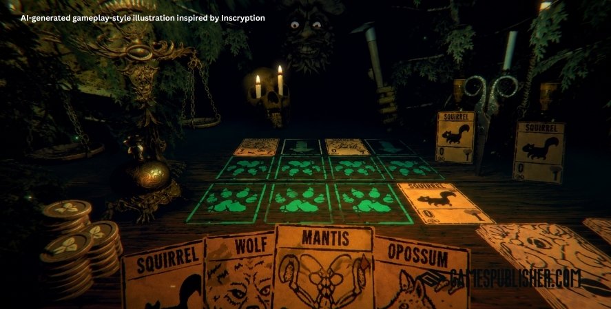 Dark horror card gameplay with animal cards, candles, scales, and a shadowy tabletop setting