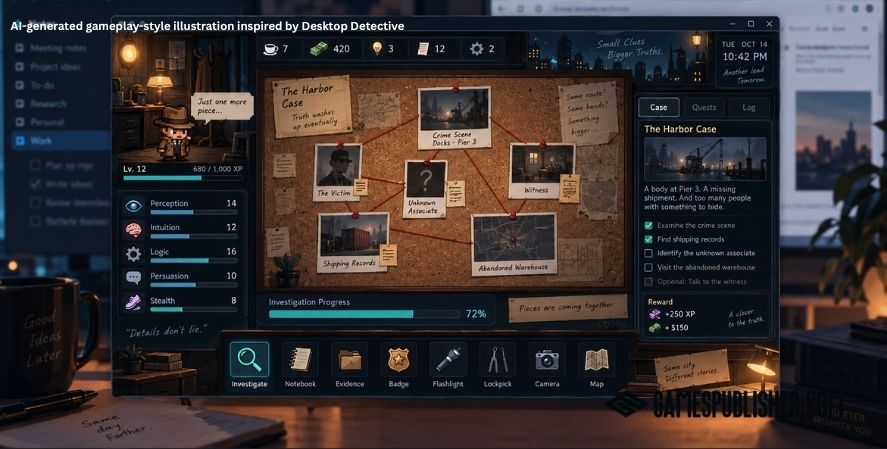 AI-generated gameplay-style illustration inspired by Desktop Detective New Idle Games, showing a desktop investigation interface with clues, character stats, gear, and case progress.