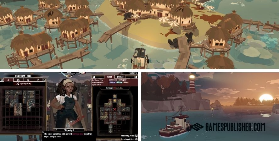 Dredge gameplay collage showing fishing villages, boat exploration, inventory management, and a coastal sunset unique games