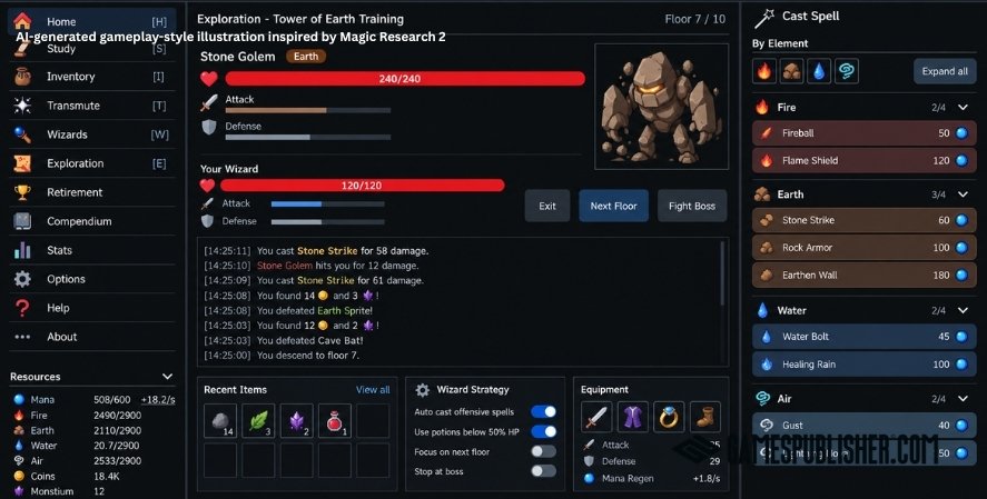 AI-generated gameplay-style illustration inspired by Magic Research 2, showing a dark menu-based interface with exploration, spell casting, resources, combat logs, equipment, and wizard strategy panels.
