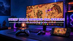 Featured image for New Idle Games on Steam in 2026, showing an AI-generated Orc Incremental-style battle displayed on a gaming PC monitor and handheld gaming device.
