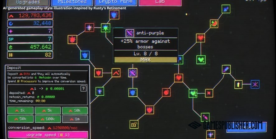 AI-generated gameplay-style illustration inspired by Nodebuster, showing a neon retro upgrade tree with connected nodes, resource counters, progression stats, and a Breach interface.