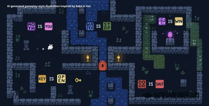 Original pixel-art puzzle gameplay with movable word rules, a key, locked door, water obstacles, and a gem goal