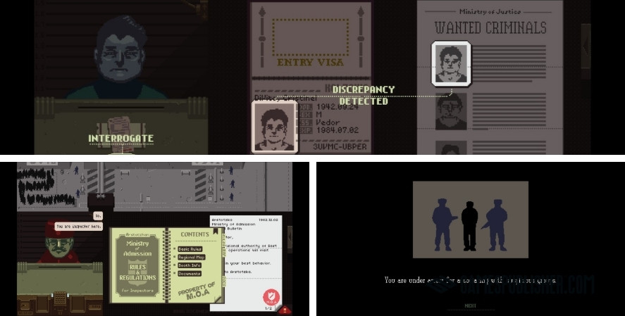 Papers, Please gameplay collage showing passport checks, entry documents, rule inspections, and border screening unique games