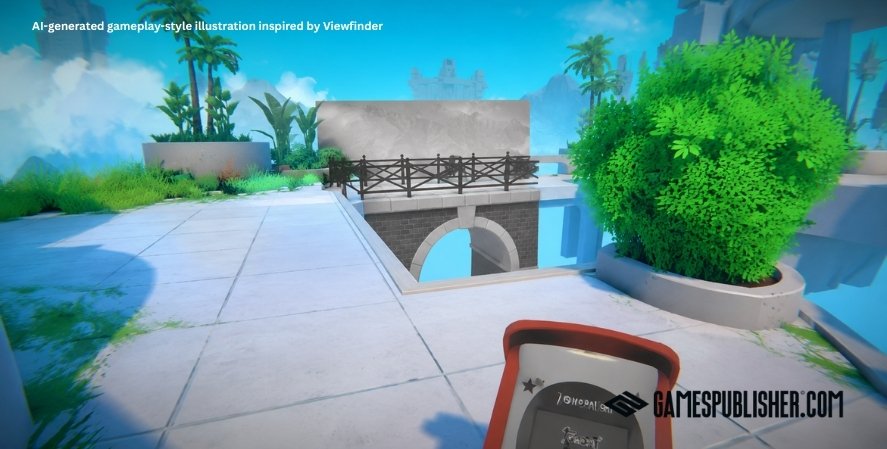 Perspective puzzle gameplay showing a grayscale bridge image placed into a colorful 3D environment