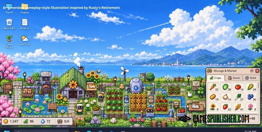 AI-generated gameplay-style illustration inspired by Rusty’s Retirement New Idle Games, showing a cozy desktop farm with crops, helper robots, small water channels, and a market panel.