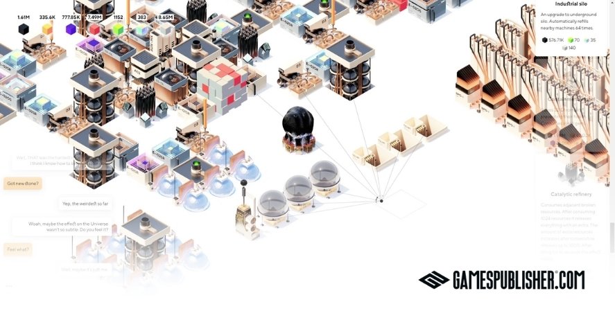 Sixty Four gameplay screenshot showing an expanding industrial setup with machines, resource production, and interconnected automation systems.