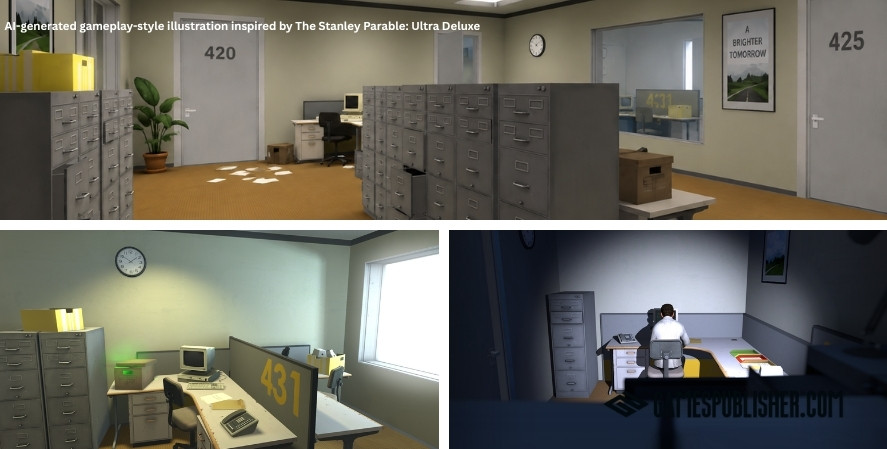 Surreal office gameplay scene with numbered doors, filing cabinets, desks, and fluorescent lights