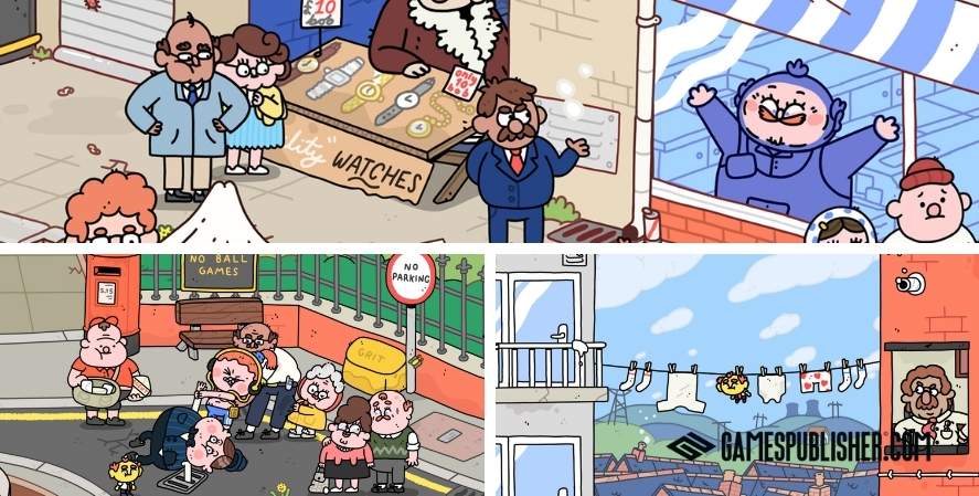 Thank Goodness You're Here gameplay collage showing colorful cartoon townspeople, shops, streets, and humorous scenes unique games