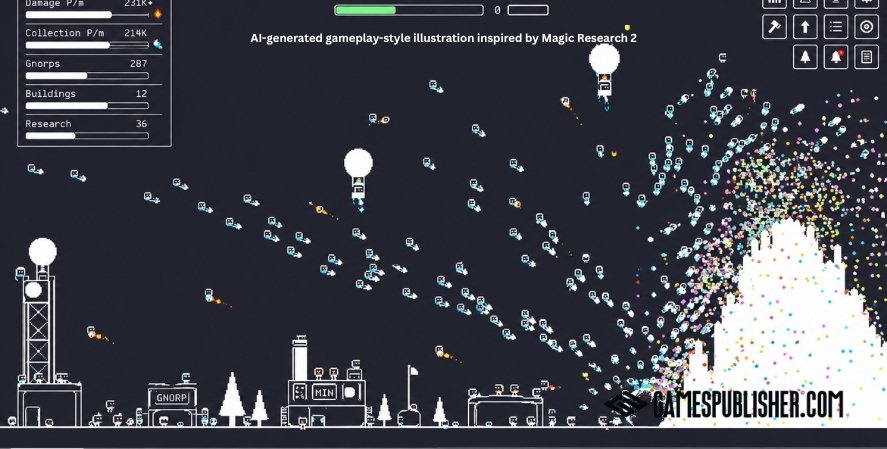 AI-generated gameplay-style illustration inspired by (the) Gnorp Apologue, showing minimalist pixel-art units, buildings, resource counters, and colorful particles surrounding a large resource mound.