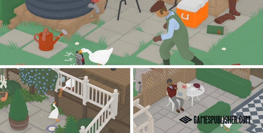 Untitled Goose Game gameplay collage showing a goose causing mischief in gardens and outdoor areas